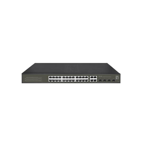 Switch LevelOne Hilbert Gigabit PoE Smart Lite a 28 porte, 24 uscite PoE, 4 x Gigabit SFP/RJ45 combinati, 802.3at/af PoE, budget energetico PoE da 380 W, gestito, L2, Gigabit Ethernet (10/100/1000), full duplex, Power over Ethernet (PoE), installazione in rack