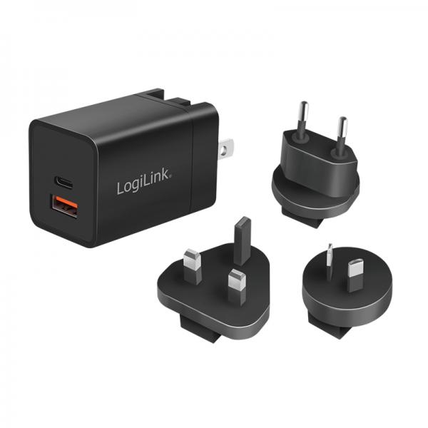 LogiLink Netzteil - GaN-Technologie - 30 Watt - 3 A - Fast Charge, PD 3.0, QC 3.0 - 2 Ausgabeanschlussstellen (USB Typ A, 24 pin USB-C)