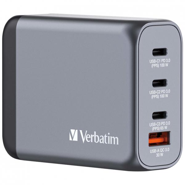 Alimentatore Verbatim - GaN - 100 Watt - 5 A - PD 3.0, PD/PPS, QC 3.0 - 4 porte di uscita (3 x USB-C, USB)