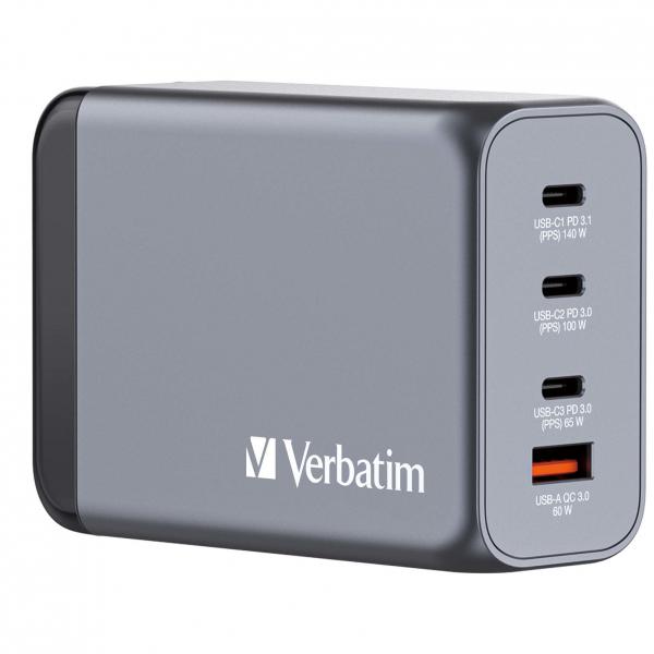 Alimentatore Verbatim - GaN - 240 Watt - 5 A - Power Delivery 3.1, QC 3.0, PD 3.0, PD/PPS - 4 porte di uscita (3 x USB-C, USB Type A)