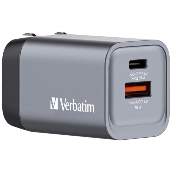 Alimentatore Verbatim - GaN - 35 Watt - 3 A - PD 3.0, QC 3.0 - 2 punti di connessione in uscita (USB-C a 24 pin, USB)