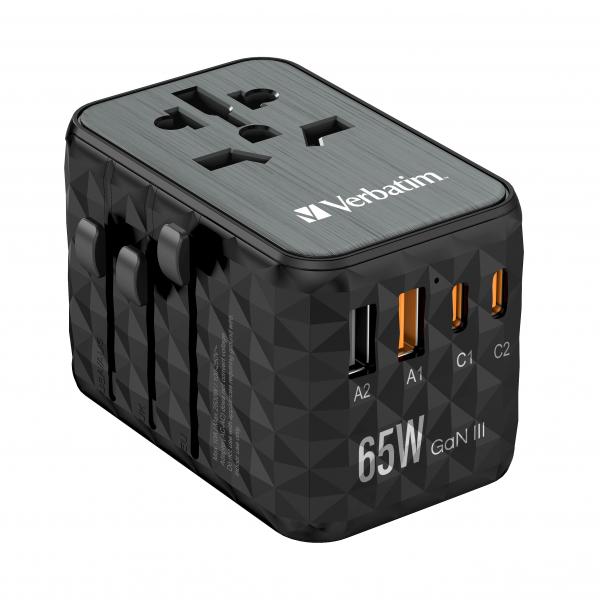 Verbatim UTA-05 - Alimentatore - GaN III, Universale - 65 Watt - 5 A - PD 3.0, QC 4+, QC 3.0, Fast Charge, Super Charge, Apple Fast Charge, PD/PPS, BC 1.2 - 4 punti di connessione in uscita (2 x USB-C, 2 x USB)