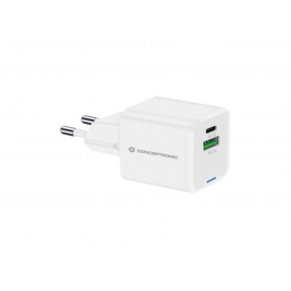 Caricabatterie USB PD GaN da 20 W Conceptronic a 2 porte, USB-C x 1, USB-A x 1, QC 3.0, PPS, Interno, CA, 12 V, Bianco