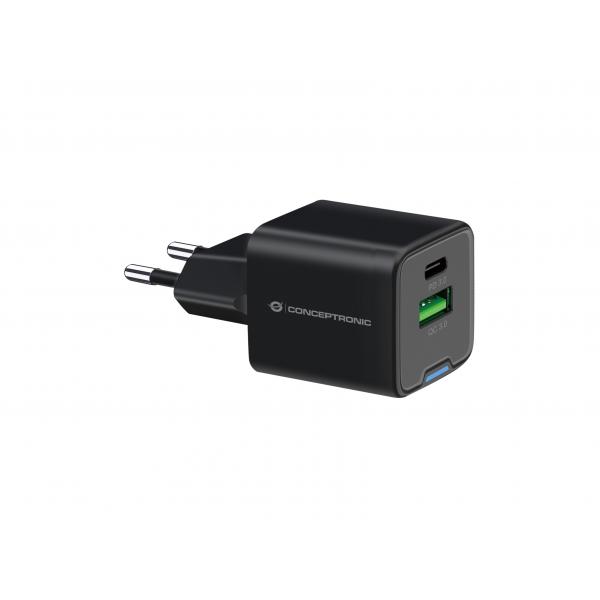 Caricabatterie USB PD GaN da 20 W Conceptronic a 2 porte, USB-C x 1, USB-A x 1, QC 3.0, PPS, Interno, CA, 12 V, Nero