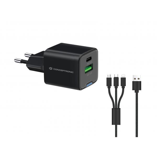 Conceptronic Caricatore USB PD GaN a 2 porte 33 W GaN con cavo di ricarica 3 in 1, USB-C x 1, USB-A x 1, QC 3.0, PPS, Interno, CA, 20 V, 1,5 m, Nero