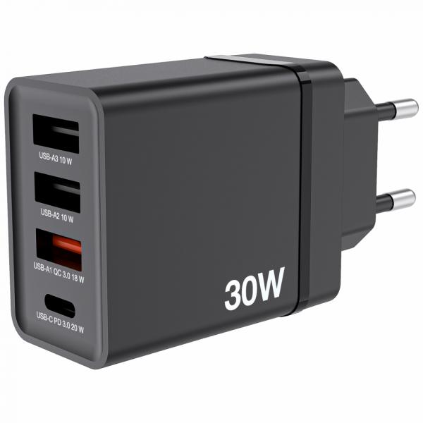Alimentatore Verbatim - 30 Watt - 5 A - PD 3.0, QC 3.0 - 4 porte di uscita (USB-C a 24 pin, 3 x USB Tipo A)