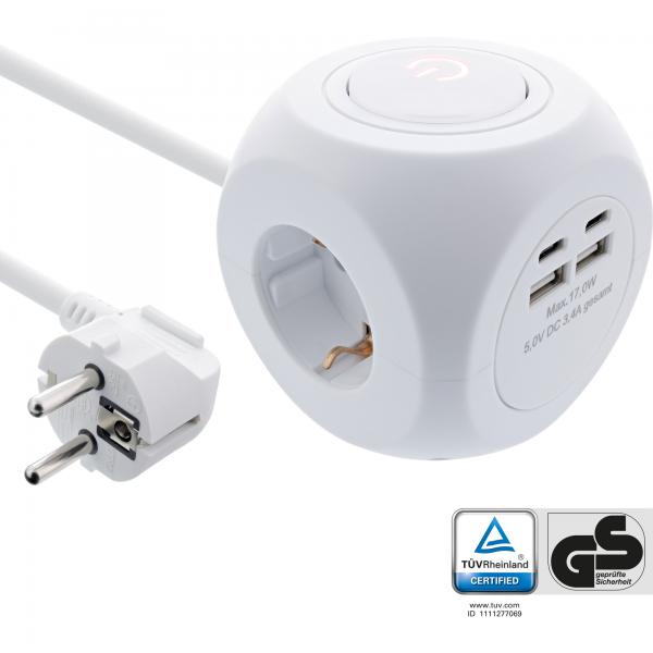 Cubo di ricarica InLine - 3x contatto di protezione - 2x USB-C - 2x USB-A - bianco - 2 m