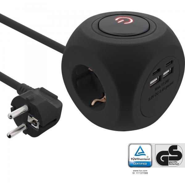 InLine Charging Cube - 3x Schutzkontakt - 2x USB-C - 2x USB-A - schwarz - 2m