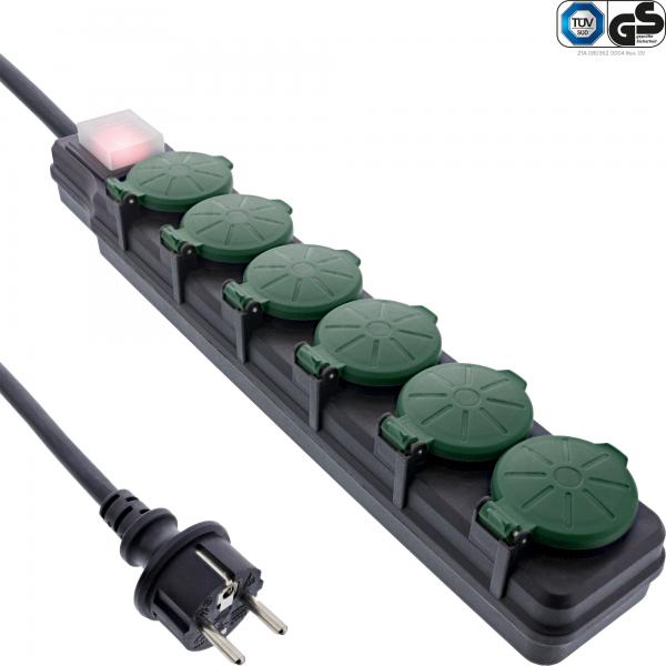 Multipresa da esterno InLine - contatto di protezione a 6 vie - IP44 - con interruttore - 3 m
