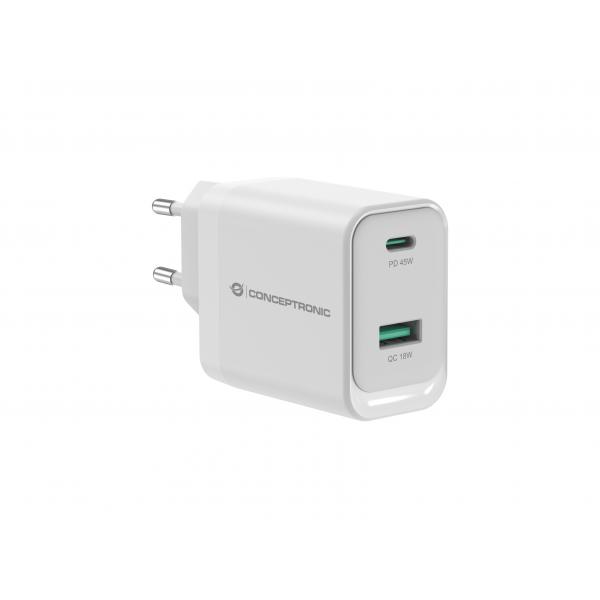 Conceptronic ALTHEA20W45 2-Port 45W GaN USB-PD-Ladegerät, USB-C x 1, USB-A x 1, QC 3.0, PPS, PD 3.0, Drinnen, AC, 20 V, Weiß
