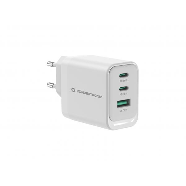 Conceptronic ALTHEA21W65 3-Port 65W GaN USB-PD-Ladegerät, USB-C x 2, USB-A x 1, QC 3.0, PPS, PD 3.0, Drinnen, AC, 20 V, 1,5 m, Weiß