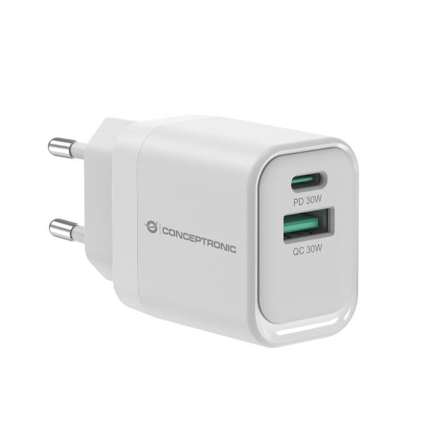 Conceptronic ALTHEA19W33 2-Port 33W GaN USB-PD-Ladegerät, USB-C x 1, USB-A x 1, QC 3.0, PPS, PD 3.0, Drinnen, AC, 20 V, Weiß