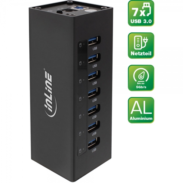 Hub USB 3.2 InLine - 7 porte - alloggiamento in alluminio - nero - con alimentatore da 2,5 A