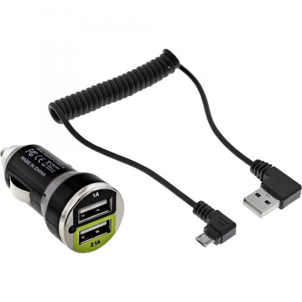 Set di ricarica per auto InLine USB DUAL+ - adattatore di alimentazione, cavo da 1 m - da 12/24 V CC a 5 V CC/2,1 A