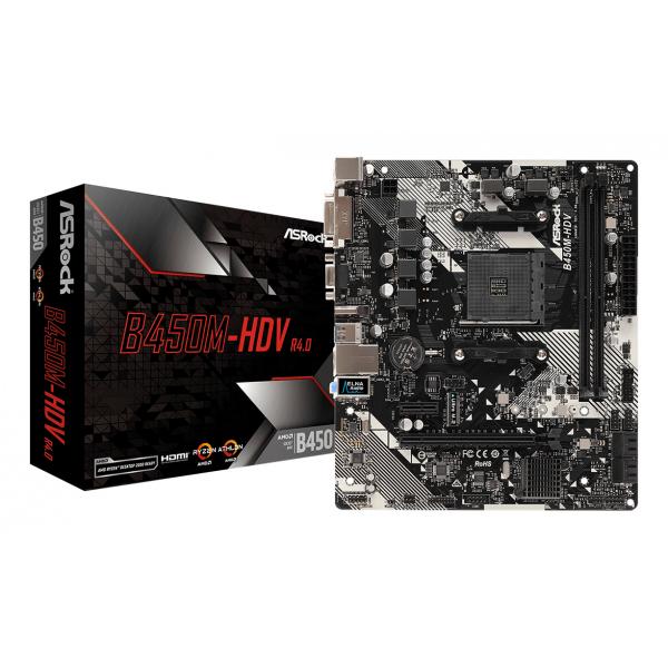 ASRock B450M-HDV R4.0 - scheda madre - micro ATX - Socket AM4 - Chipset AMD B450 - USB 3.1 Gen 1 - Gigabit LAN - grafica integrata (CPU richiesta)