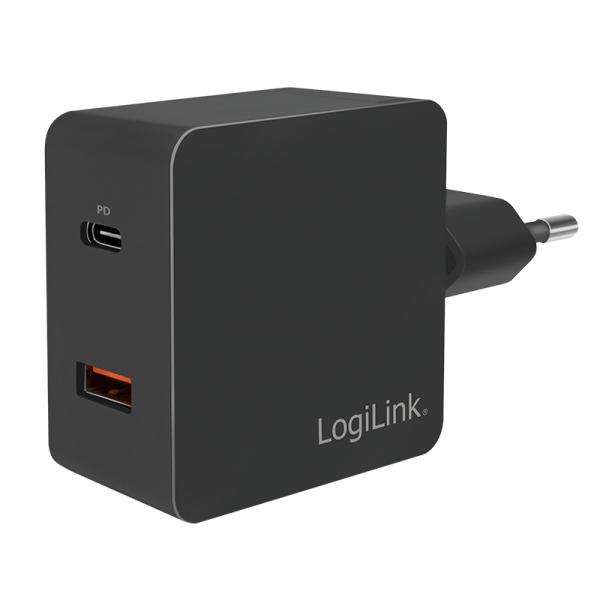 Caricatore da muro USB LogiLink - alimentatore - 18 watt - 3 A - PD 3.0, QC 3.0 - 2 punti di connessione in uscita (USB, USB-C a 24 pin)