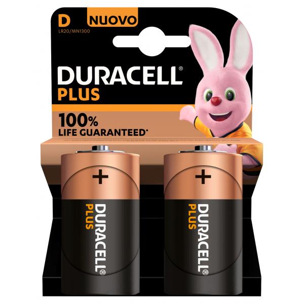 Duracell Plus 100 D, Batteria usa e getta, D, Alcalino, 1,5 V, 2 pezzo(i), Multicolore
