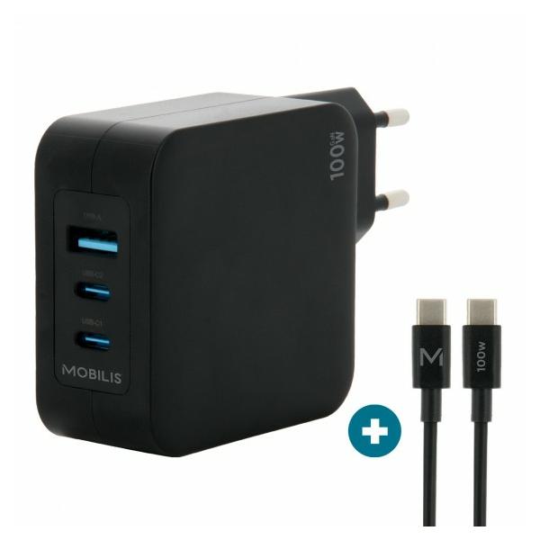 Mobilis Charger 100W 2USB C 1USBA GaN cable 100W Computer portatile, Smartphone, Tablet Nero AC Interno (WALL CHARGER - 100 W - 2 USB C - + 1 USB A GAN + CABLE - 2M - 100)