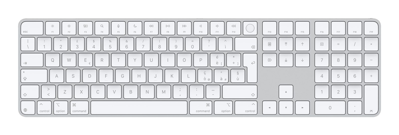 Apple Magic tastiera Universale USB + Bluetooth QWERTY Italiano Bianco (Apple Magic Keyboard with Touch ID and Numeric Keypad - Keyboard - USB-C - wireless - Bluetooth - QWERTY - Italian - white keys) - Versione UK