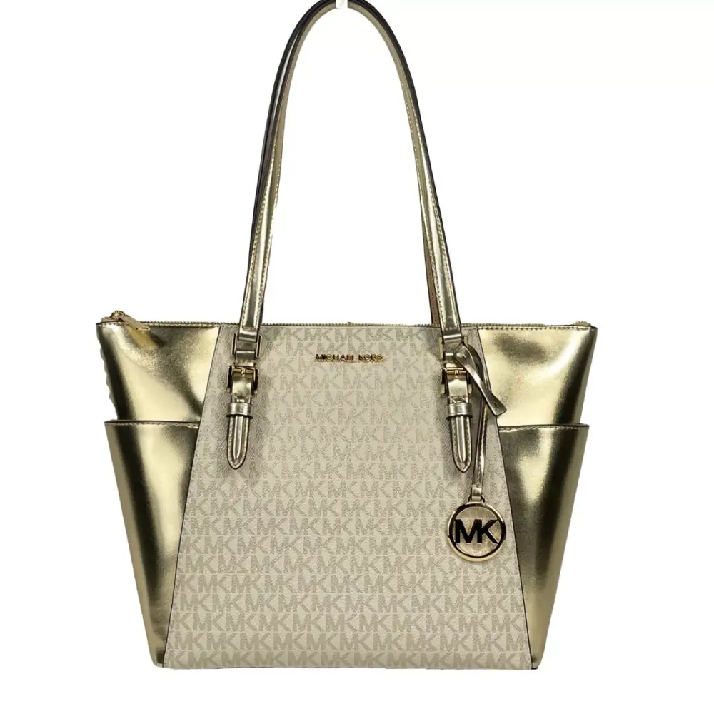 Charlotte Large Leather Top Zip Tote Bag Purse Gold