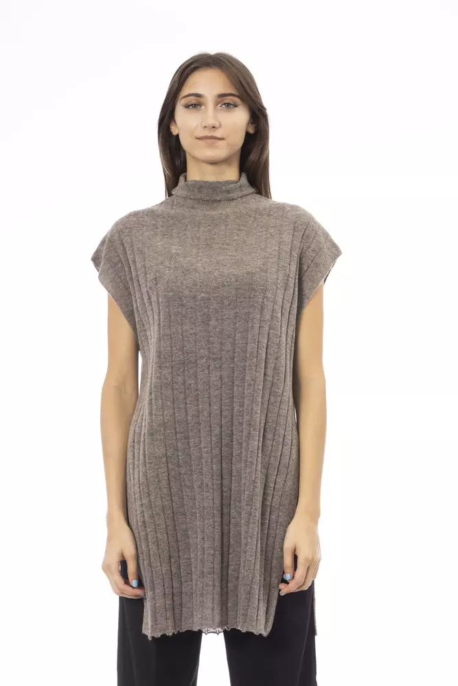 Brown Wool Women Sweater with Turtleneck and Side Slits
