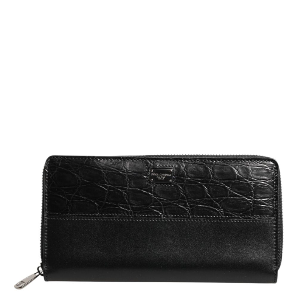 Black Leather Logo Plaque Zip Around Continental Wallet