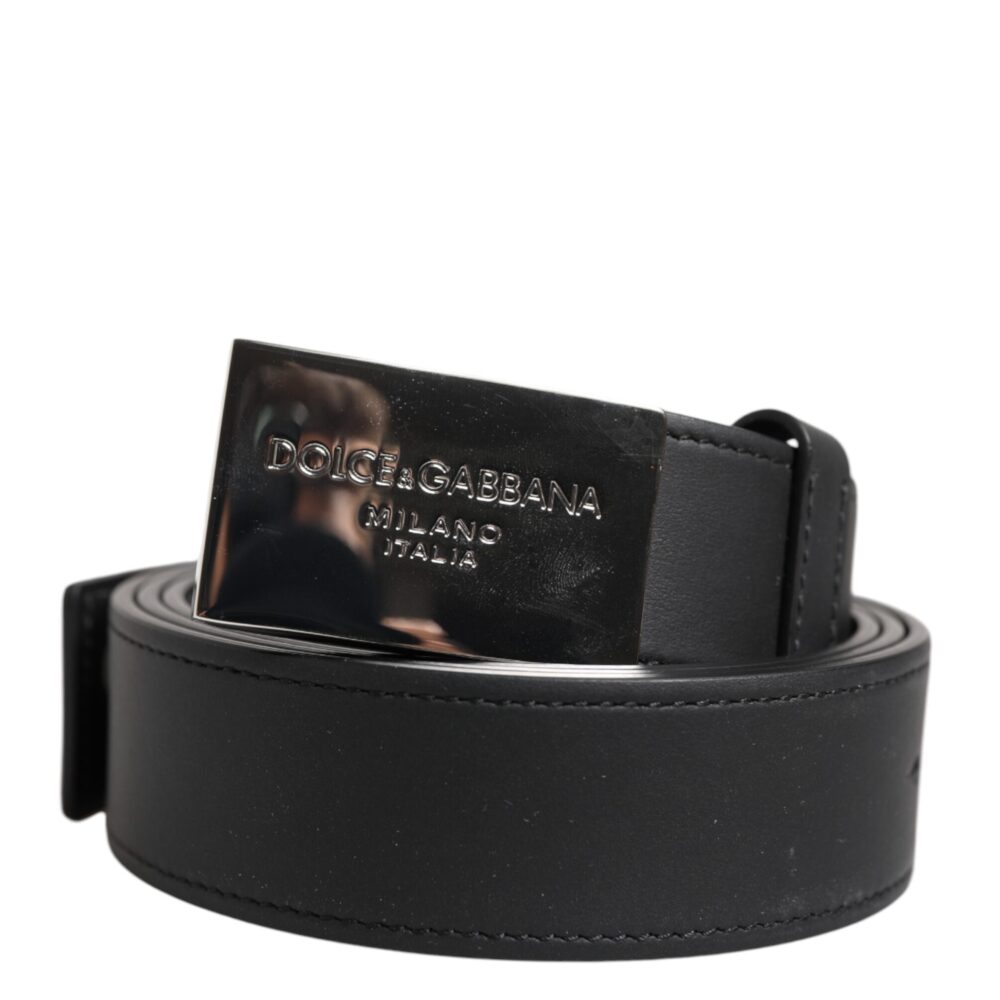 Black Leather Silver Metal Logo Buckle Belt