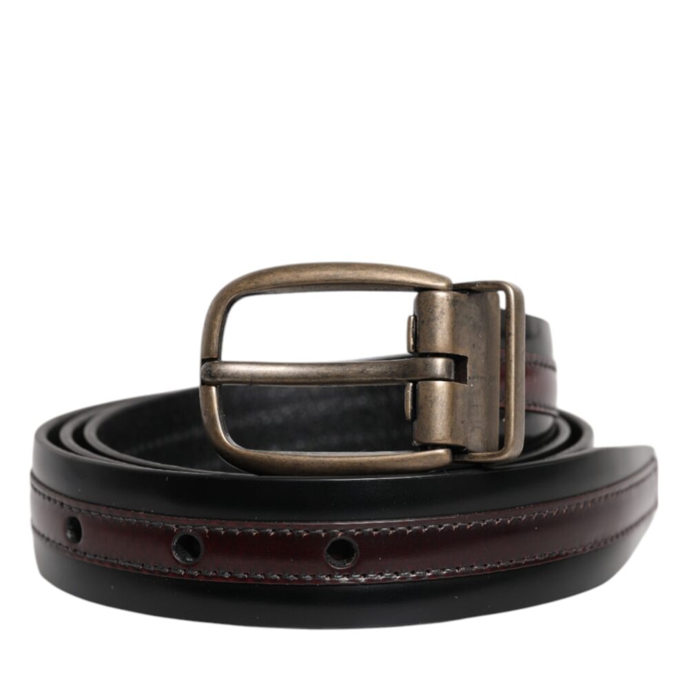 Black Burgundy Calfskin Metal Logo Buckle Belt