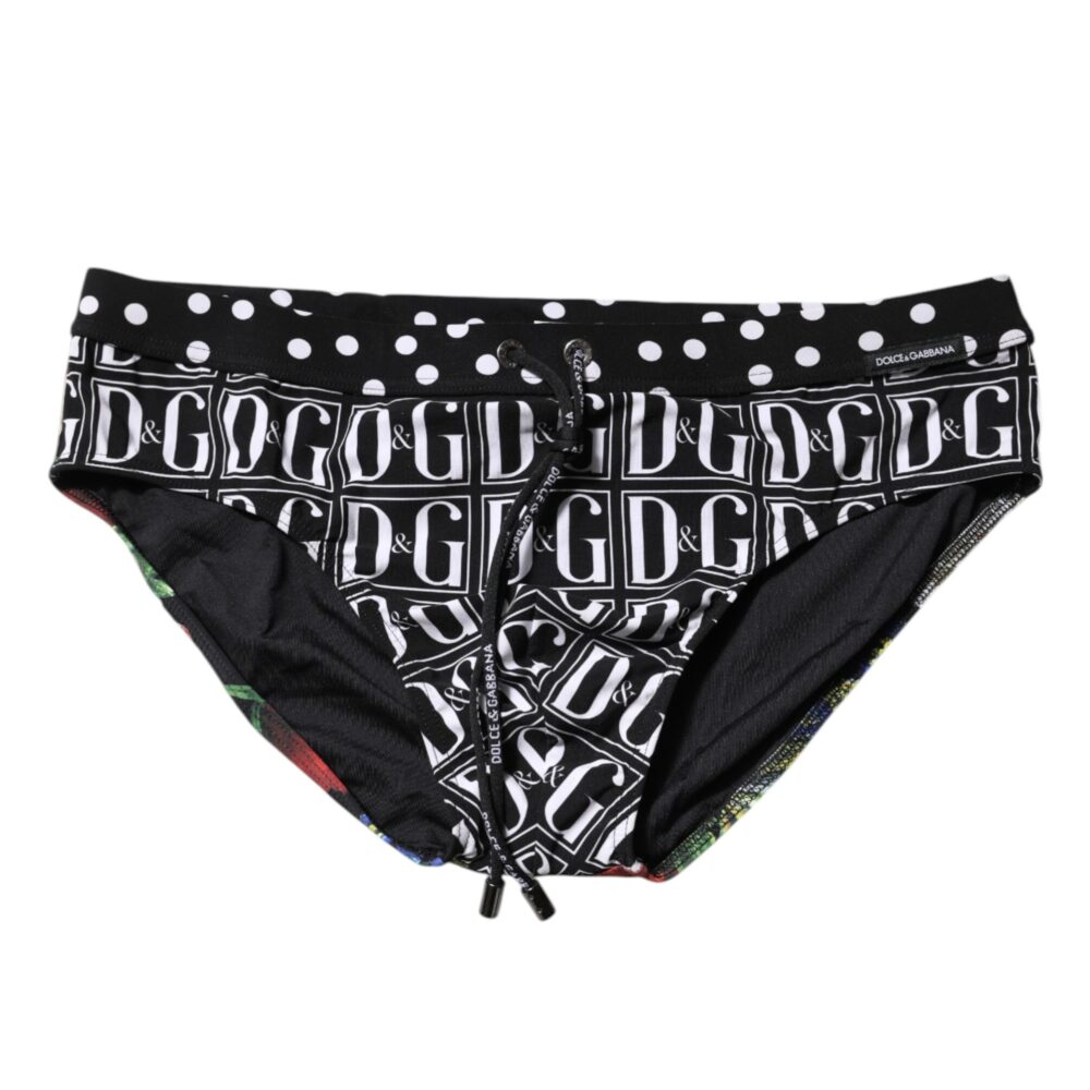 Black Floral Logo Beachwear Men Brief Swimwear