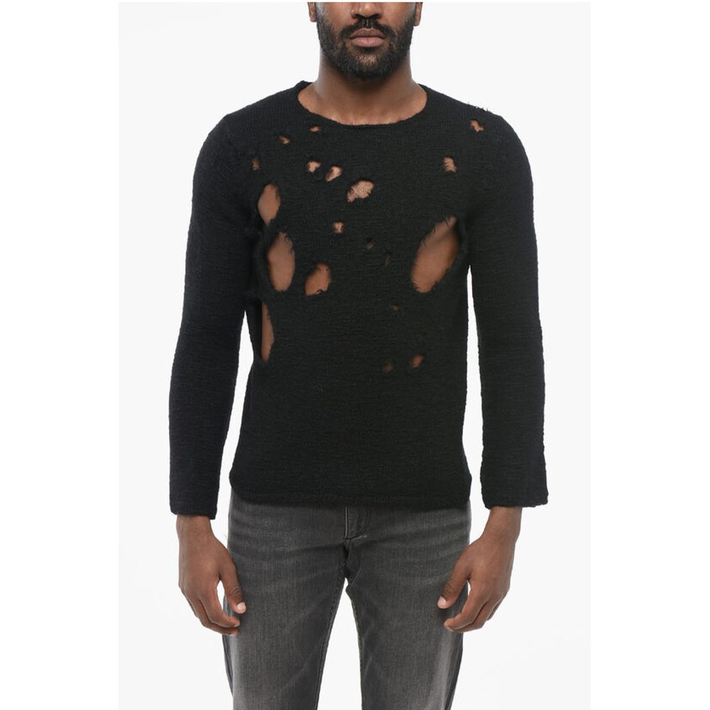 BLACK Crew Neck Distressed Wool Pullover