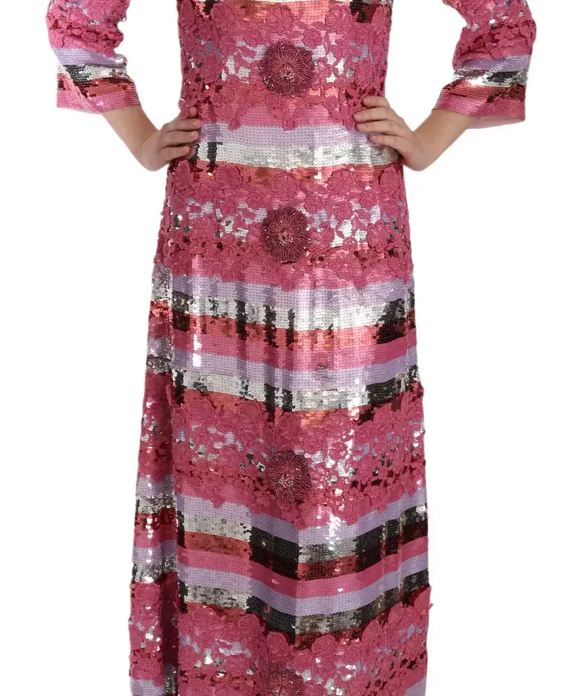 Pink Floral Sequined Crystal Gown Dress