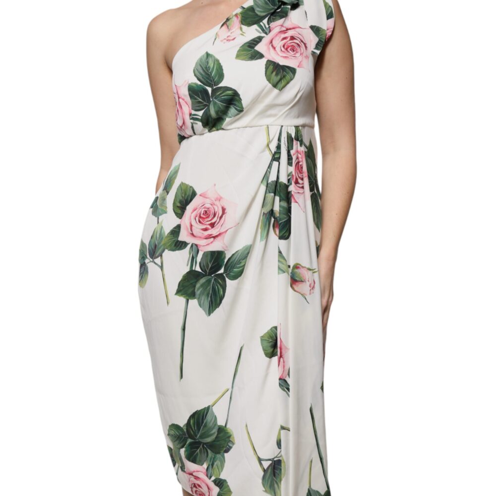 White Floral Silk One Shoulder Midi Dress