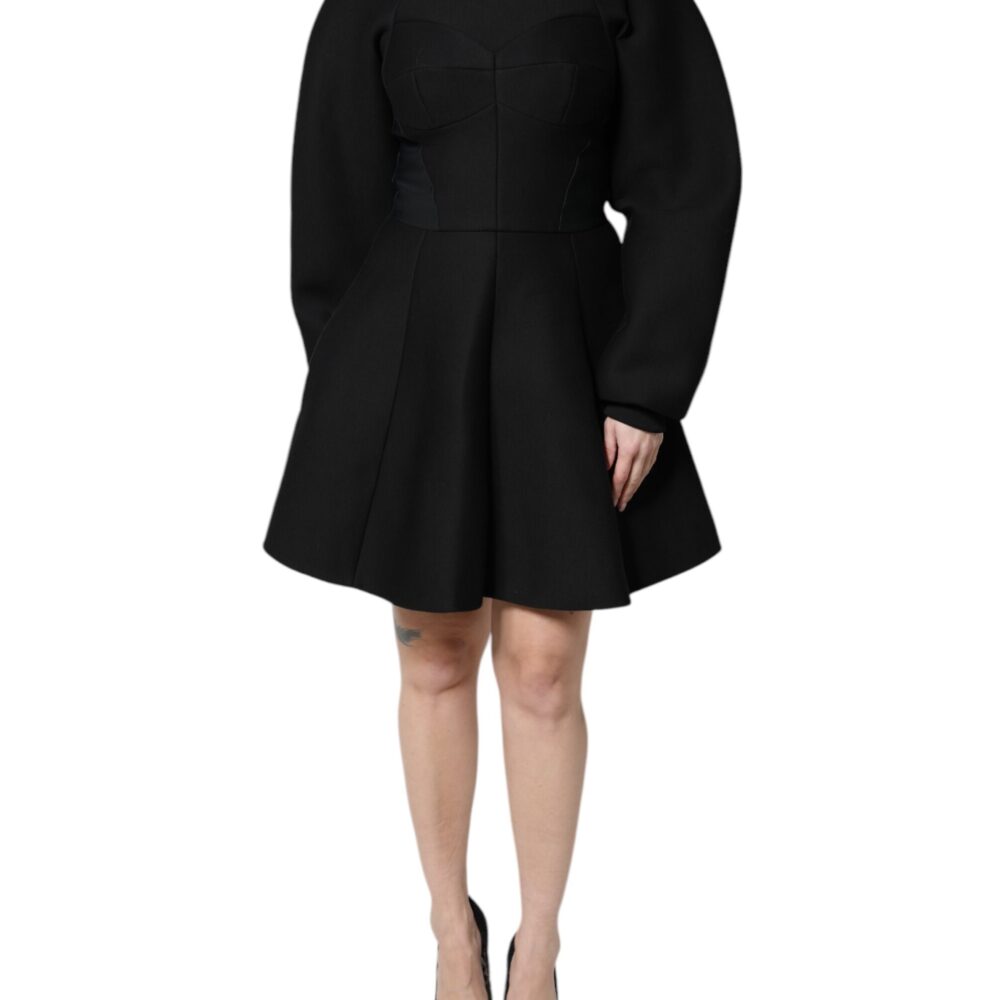 Black Cotton Long Sleeves A-line Mini Dress