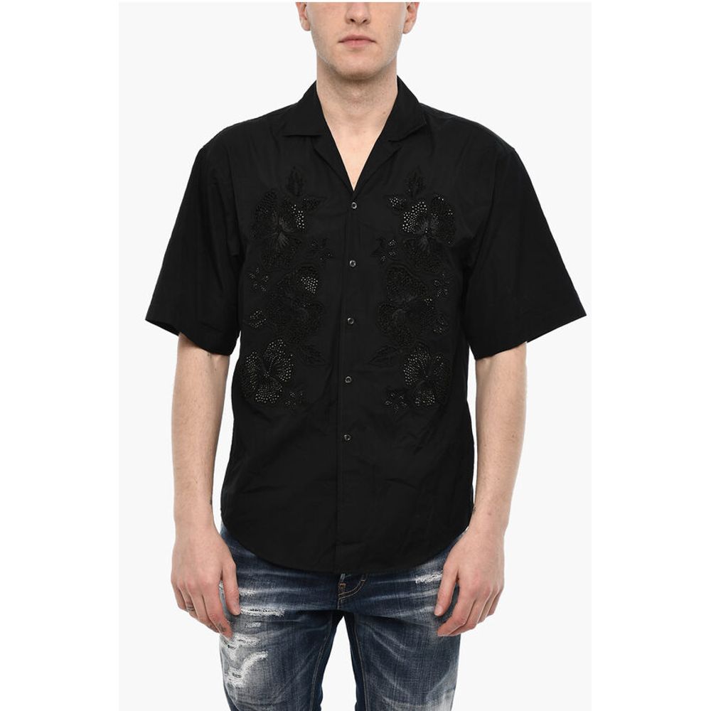 Floral-Motif Short Sleeve Shirt with Rhinestone