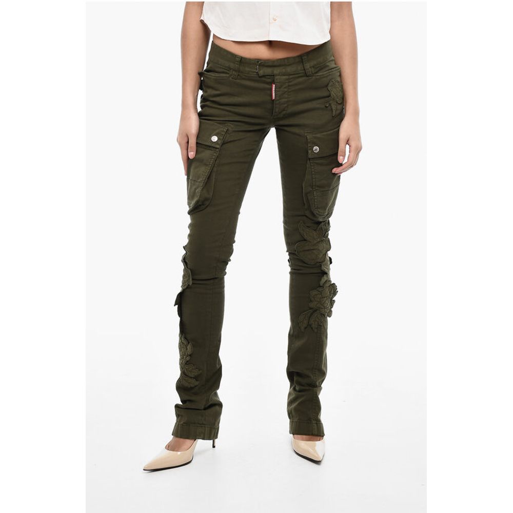 Regular Waist Cotton Twill Cargo Pants with Floral Applicati
