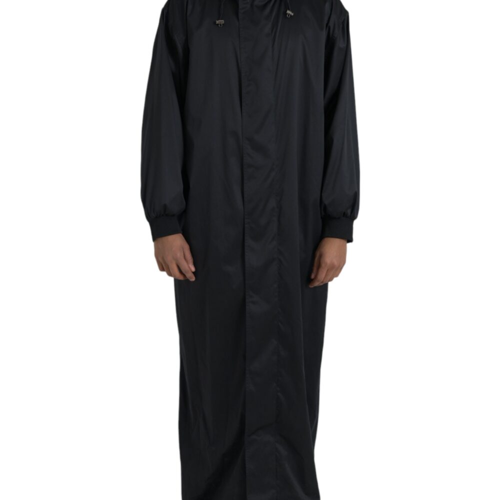 Black Polyester Hooded Long Windbreaker Jacket