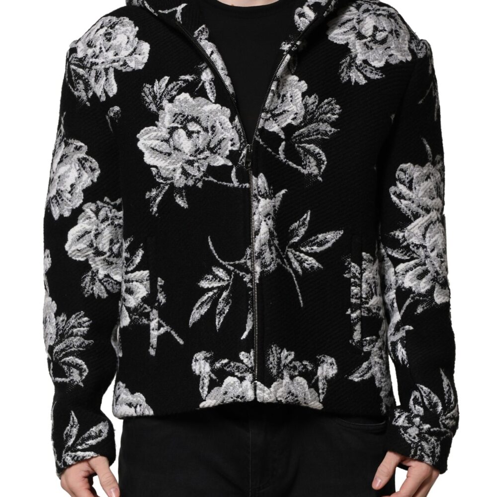 Black Wool Floral Printed Men Hooded Jacket