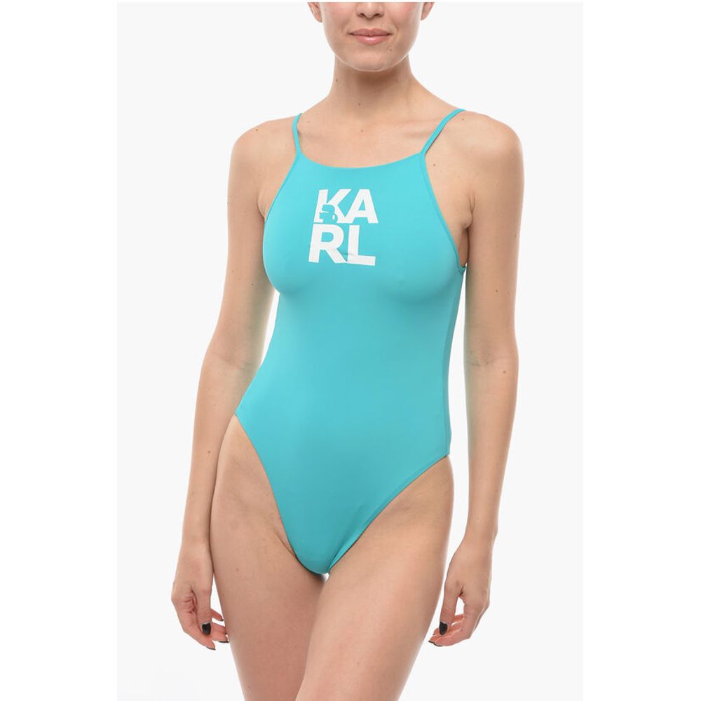 Solid Color One-Piece Swimsuit with Printed Logo