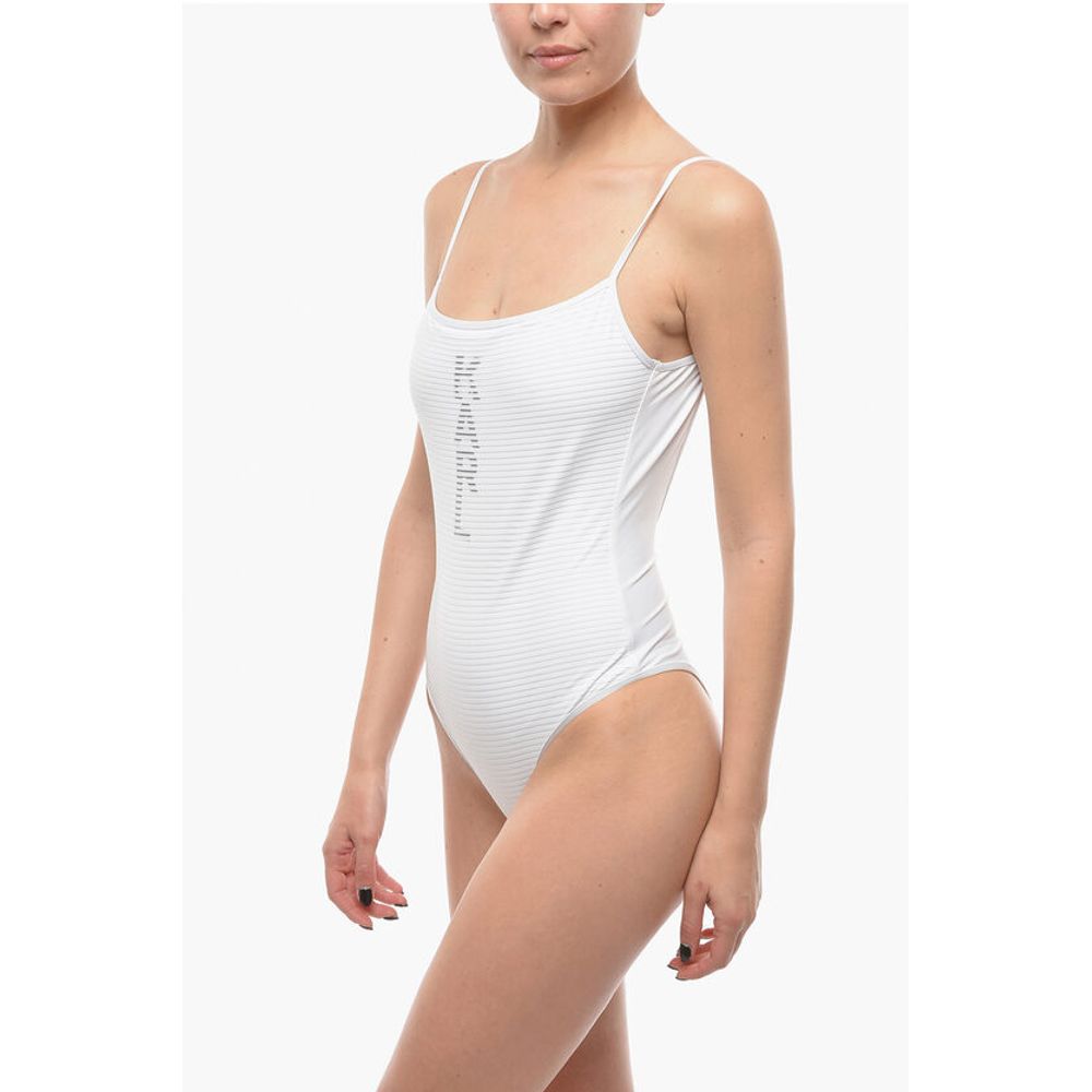 Solid Color One Piece Swimsuit with Printed Contrasting Logo