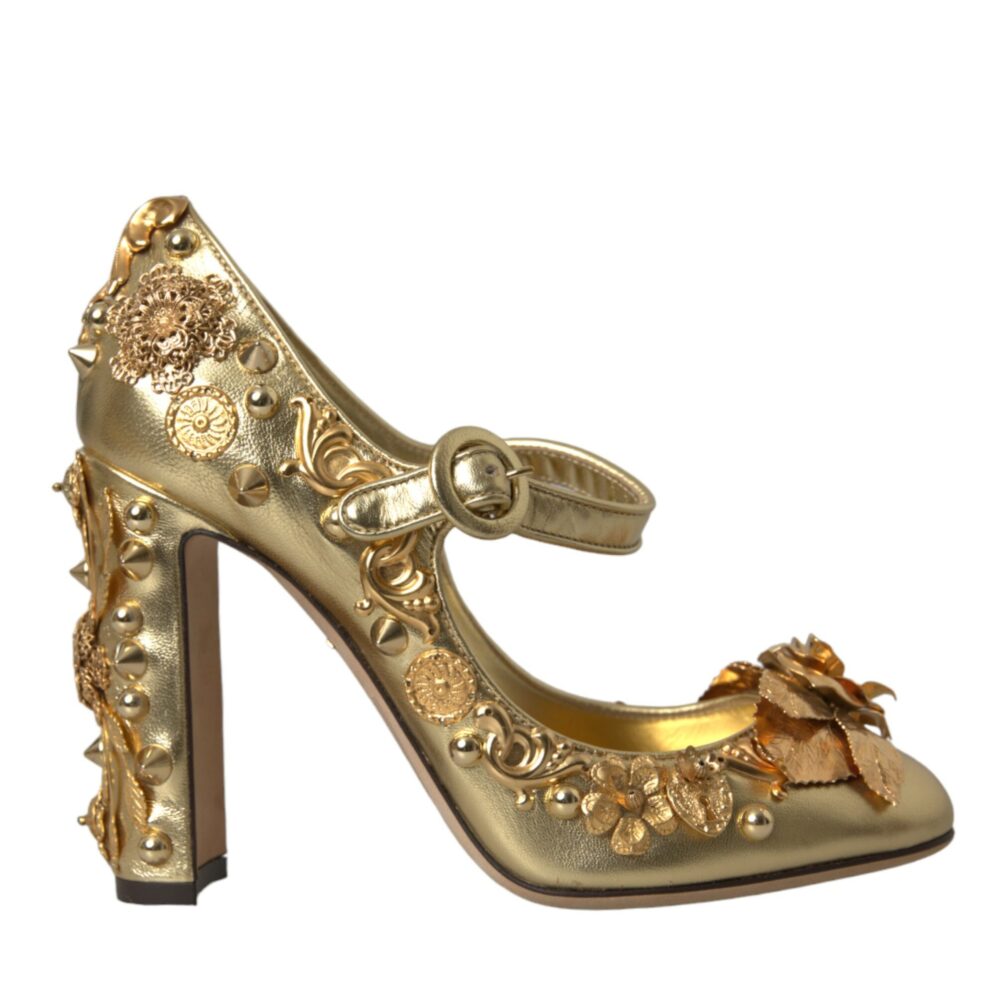 Gold Leather Crystal Mary Janes Pumps Shoes