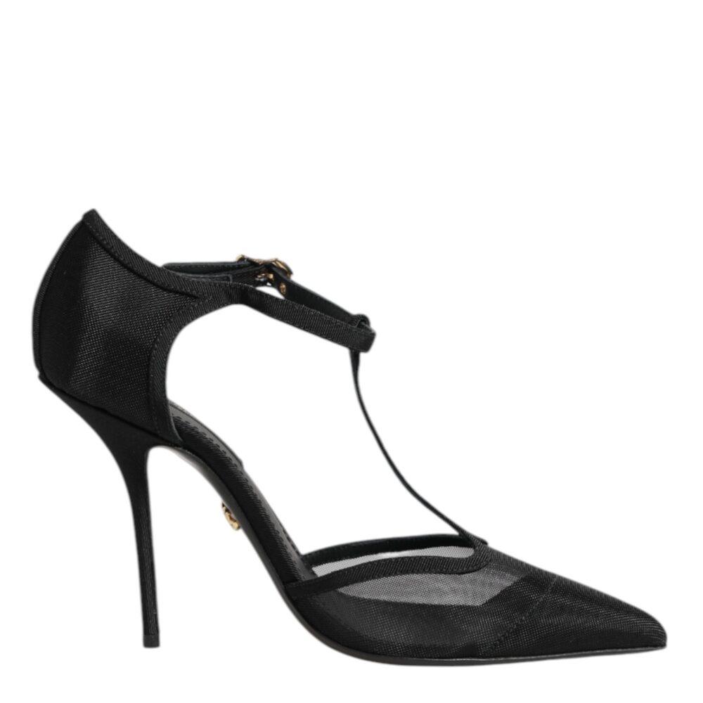 Black Mesh T-strap Stiletto High Heels Shoes