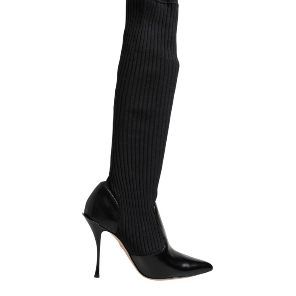 Black Leather Ribbed Knit Knee Boots Shoes