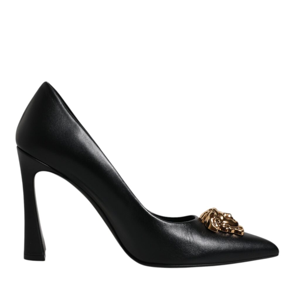 Black Leather Logo Plaque High Heels Pumps Shoes