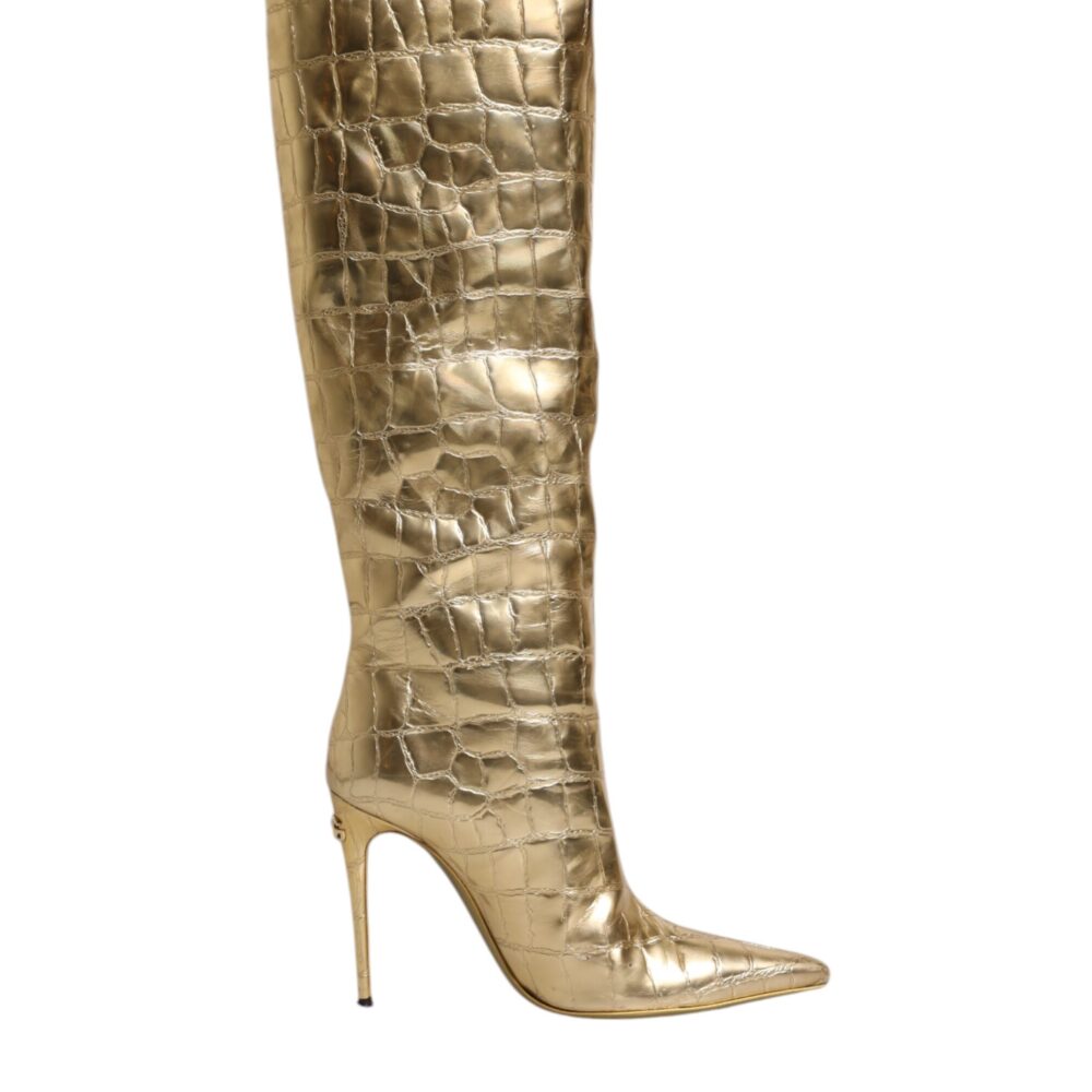 Gold Leather Stiletto Heels High Boots Shoes