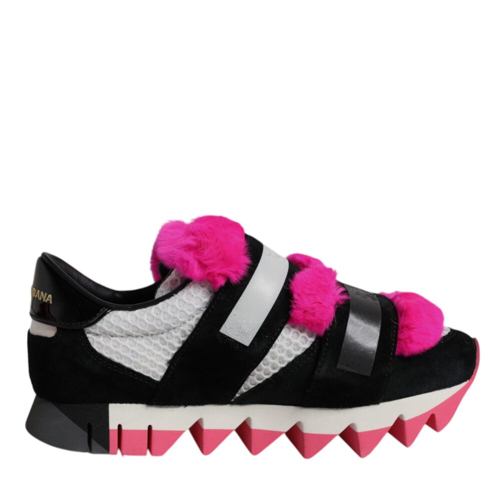 Black Pink Fur Embellished Sneakers Shoes