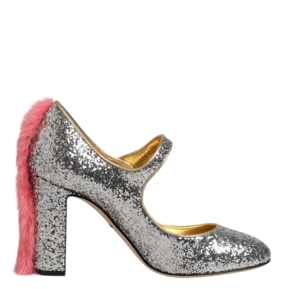 Silver Glitter Mink Fur VALLY Pumps Shoes