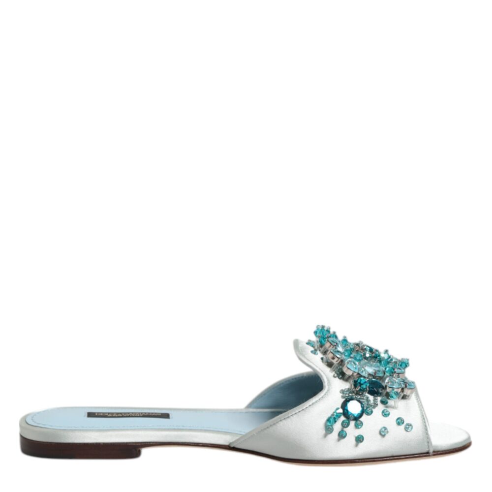 Silver Blue Leather Bead Embellish Slide Shoes