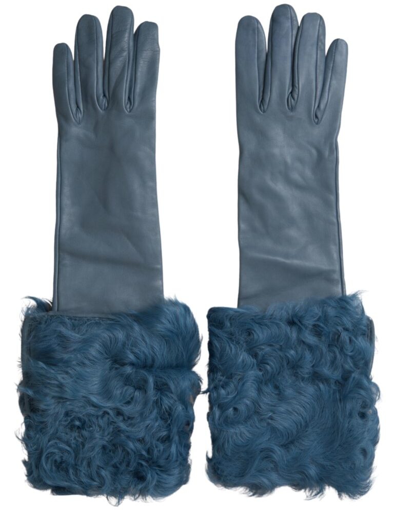 Elegant Blue Leather Gloves with Fur Trim