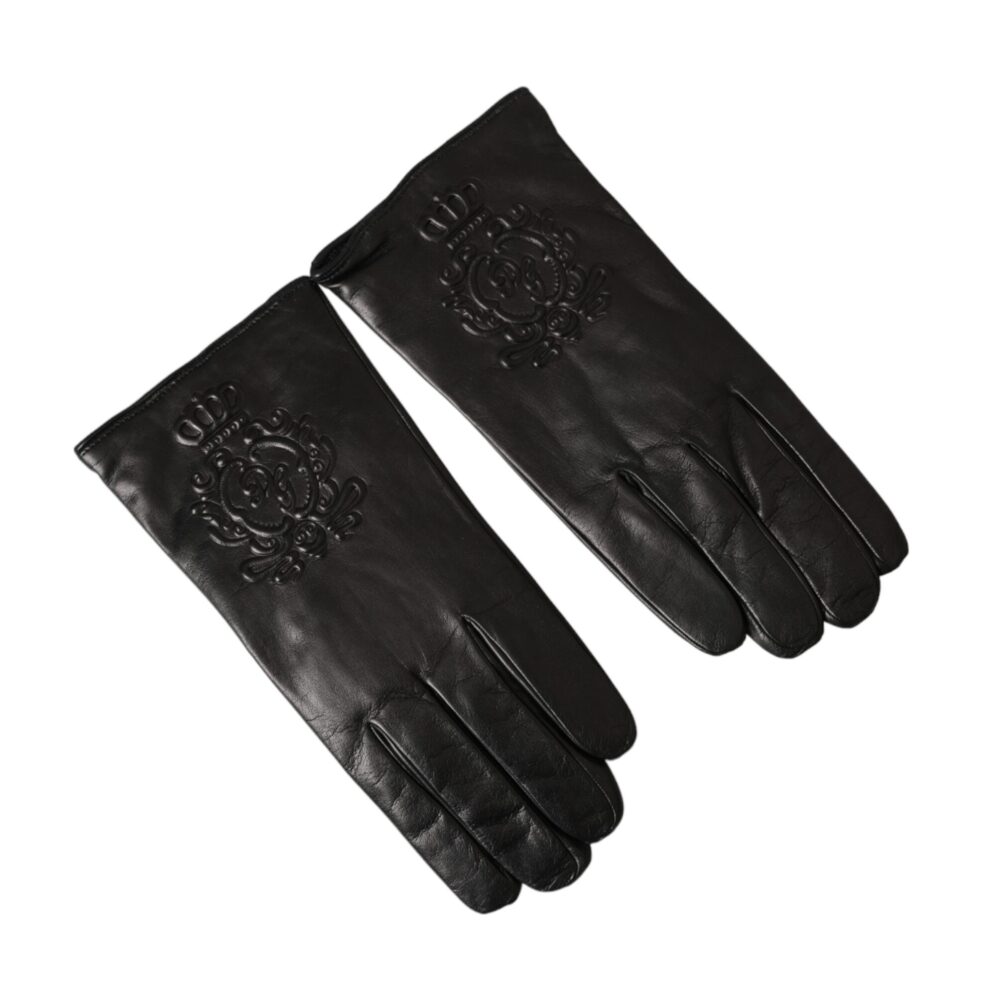 Black Leather Embossed Logo Short Hands Gloves