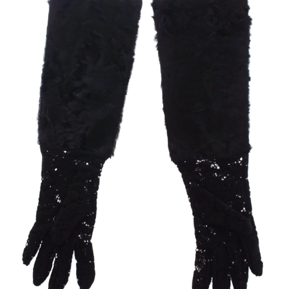 Black Wool Lace & Lamb Fur Elbow Gloves